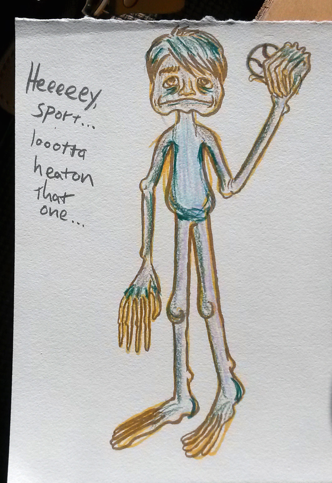 drawing of a long limbed monster holding a baseball